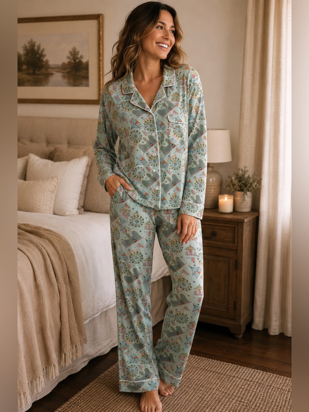 Larkspur Soft Comfy Bamboo Blend Carnival Print Long Sleeve Pajama Set, Pockets